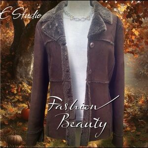 E STUDIO RETRO 70s VIBE FAUX SUEDE / LEATHER RICH BROWN FLEECE JACKET - XL- 🔥🧥